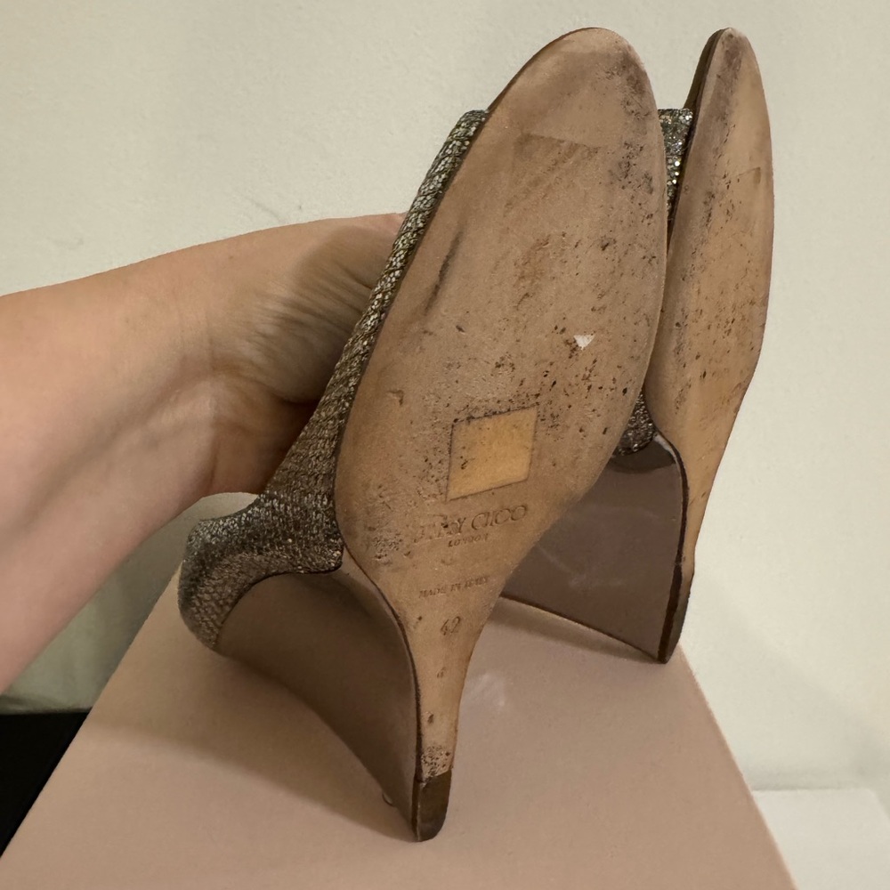 Jimmy Choo Champagne Glitter Peep-Toe Heels - Picture 11 of 12
